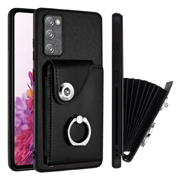 Wallet Case Compatible for Samsung Galaxy S20 FE with Card Holder, Rotation Finger Ring Kickstand Card Slots Case, Classic PU Leather Shockproof Magnetic Button Cover for Galaxy S20 FE, Black