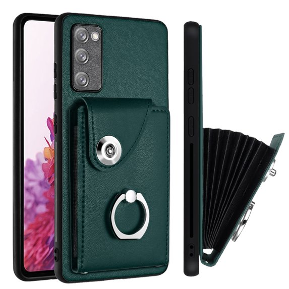 Wallet Case Compatible for Samsung Galaxy S20 FE with Card Holder, Rotation Finger Ring Kickstand Card Slots Case, Classic PU Leather Shockproof Magnetic Button Cover for Galaxy S20 FE, Green