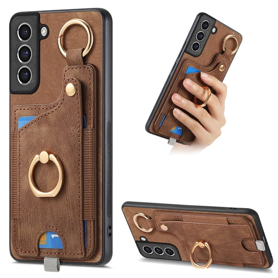 Wallet Case Compatible with Samsung Galaxy S21 FE with Card Holder, 360° Rotation Finger Ring Stand PU Leather Cover Drop Protection with Magnetic Snap Case Cover for Galaxy S21 FE - Brown