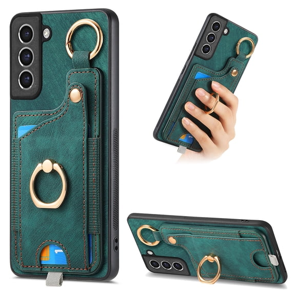 Wallet Case Compatible with Samsung Galaxy S21 FE with Card Holder, 360° Rotation Finger Ring Stand PU Leather Cover Drop Protection with Magnetic Snap Case Cover for Galaxy S21 FE - Green