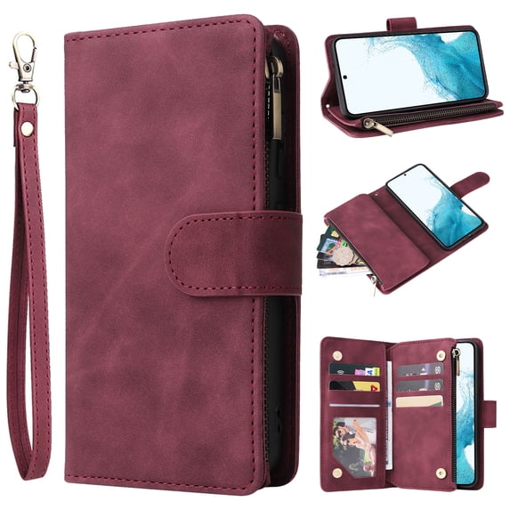 Wallet Case Compatible with Samsung Galaxy S21 FE, Premium PU Leather Zipper Flip Wallet with Wrist Strap Magnetic Closure Built-in Kickstand Protective Case for Samsung S21 FE,Winered
