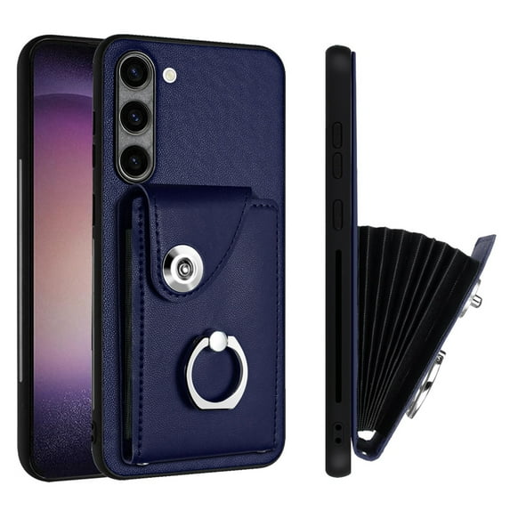 Wallet Case Compatible for Samsung Galaxy S22 Plus with Card Holder, Rotation Finger Ring Kickstand Card Slots Case, Classic PU Leather Shockproof Magnetic Button Cover for Galaxy S22 Plus, Blue