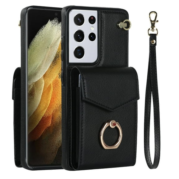 Wallet Case Compatible with Samsung Galaxy S22 Ultra,Case with Card Holder,with a strap,RFID Blocking Leather Cover 360°Rotation Ring Kickstand Protective Bumper Designed for Galaxy S22 Ultra,Black
