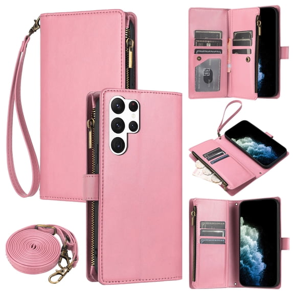 Wallet Case Compatible with Samsung Galaxy S22 Ultra, Premium PU Leather Zipper Flip Wallet with Lanyard and Shoulder Strap Magnetic Closure Built-in Kickstand Protective Zipper Case - Pink