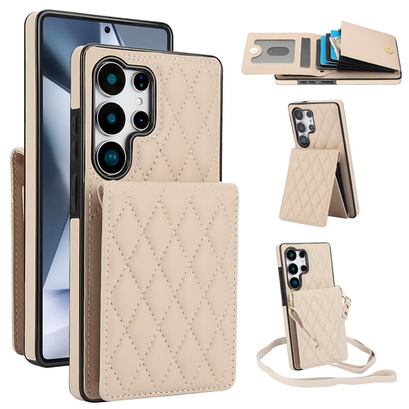 Wallet Case Compatible for Samsung Galaxy S22 Ultra, Women PU Leather Detachable Crossbody Phone Case with RFID Blocking Card Holder Adjustable Strap Shockproof Kickstand Phone Wallet, Apricot