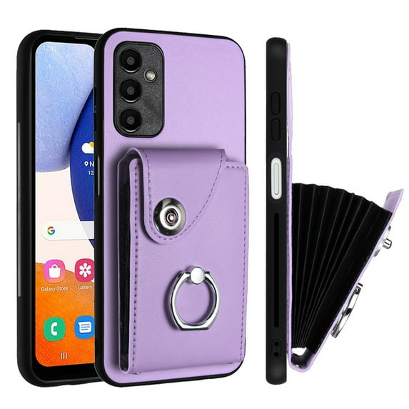 Wallet Case Compatible for Samsung Galaxy S23 with Card Holder, Rotation Finger Ring Kickstand Card Slots Case, Classic PU Leather Shockproof Magnetic Button Cover for Galaxy S23, Purple