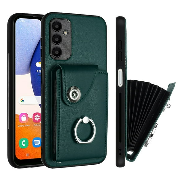 Wallet Case Compatible for Samsung Galaxy S23 with Card Holder, Rotation Finger Ring Kickstand Card Slots Case, Classic PU Leather Shockproof Magnetic Button Cover for Galaxy S23, Green