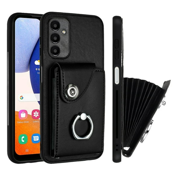 Wallet Case Compatible for Samsung Galaxy S23 with Card Holder, Rotation Finger Ring Kickstand Card Slots Case, Classic PU Leather Shockproof Magnetic Button Cover for Galaxy S23, Black