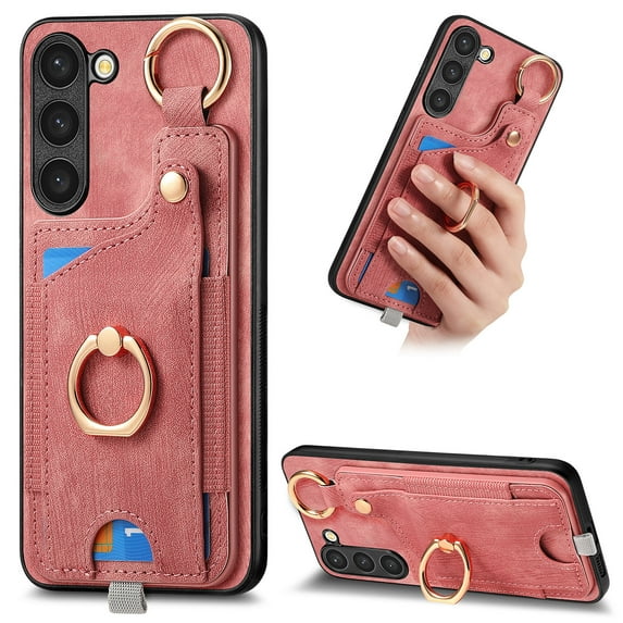 Wallet Case Compatible with Samsung Galaxy S23 FE with Card Holder, 360° Rotation Finger Ring Stand PU Leather Cover Drop Protection with Magnetic Snap Case Cover for Galaxy S23 FE - Pink