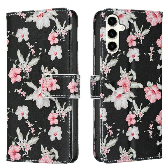 Wallet Case Compatible with Samsung Galaxy S23 FE with Card Holder, Convertible Stand Flowers Case Magnetic for Women and Girls, Butterfly Floral Protective PU Leather Flip Case, Black1