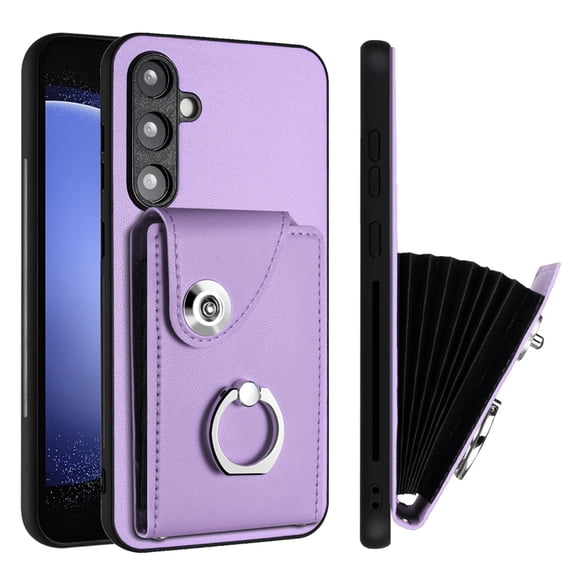Wallet Case Compatible for Samsung Galaxy S23 FE with Card Holder, Rotation Finger Ring Kickstand Card Slots Case, Classic PU Leather Shockproof Magnetic Button Cover for Galaxy S23 FE, Purple