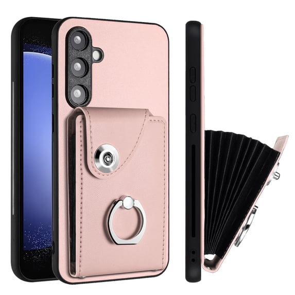 Wallet Case Compatible for Samsung Galaxy S23 FE with Card Holder, Rotation Finger Ring Kickstand Card Slots Case, Classic PU Leather Shockproof Magnetic Button Cover for Galaxy S23 FE, Pink