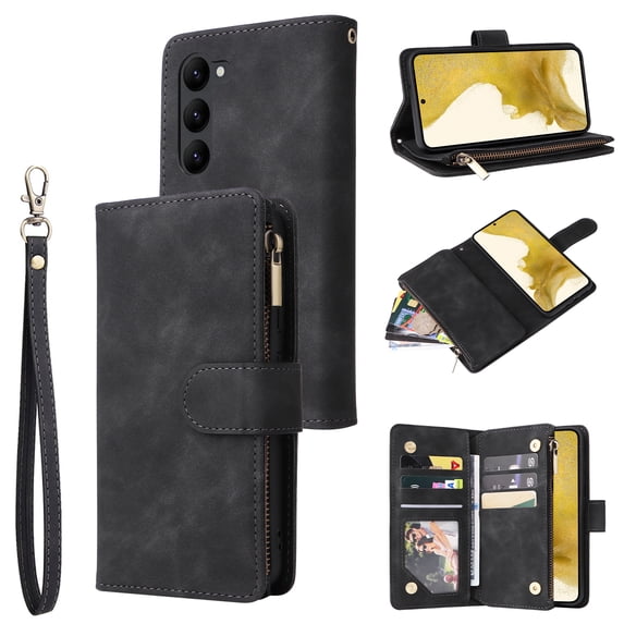 Wallet Case Compatible with Samsung Galaxy S23, Premium PU Leather Zipper Flip Wallet with Wrist Strap Magnetic Closure Built-in Kickstand Protective Case for Samsung S23 6.1",Black
