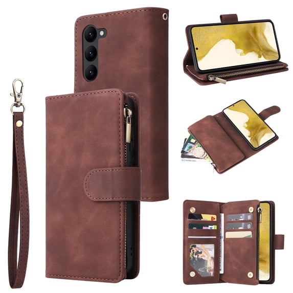 Wallet Case Compatible with Samsung Galaxy S23, Premium PU Leather Zipper Flip Wallet with Wrist Strap Magnetic Closure Built-in Kickstand Protective Case for Samsung S23 6.1",Coffee