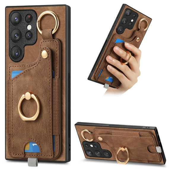 Wallet Case Compatible with Samsung Galaxy S23 Ultra with Card Holder, 360° Rotation Finger Ring Stand PU Leather Cover Drop Protection with Magnetic Snap Case Cover for Galaxy S23 Ultra - Brown