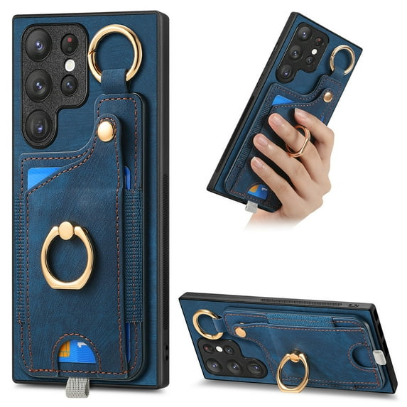 Wallet Case Compatible with Samsung Galaxy S23 Ultra with Card Holder, 360° Rotation Finger Ring Stand PU Leather Cover Drop Protection with Magnetic Snap Case Cover for Galaxy S23 Ultra - Blue