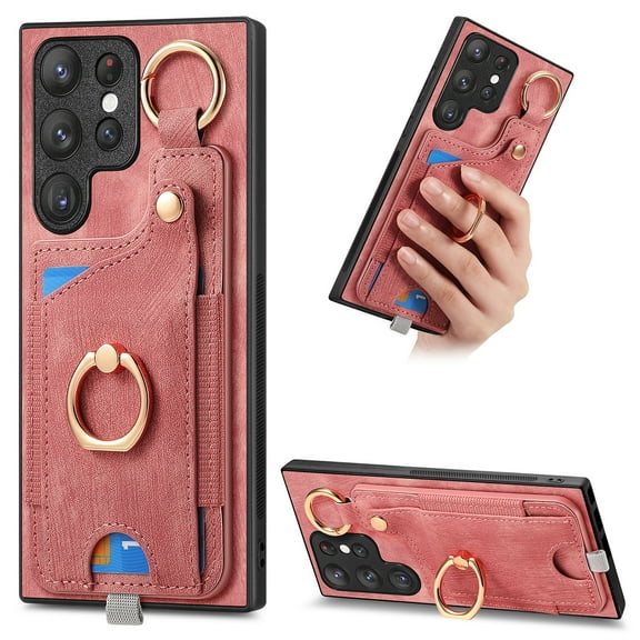 Wallet Case Compatible with Samsung Galaxy S23 Ultra with Card Holder, 360° Rotation Finger Ring Stand PU Leather Cover Drop Protection with Magnetic Snap Case Cover for Galaxy S23 Ultra - Pink