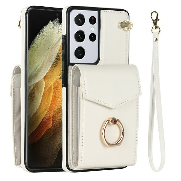 Wallet Case Compatible with Samsung Galaxy S23 Ultra,Case with Card Holder,with a strap,RFID Blocking Leather Cover 360°Rotation Ring Kickstand Protective Bumper Designed for Galaxy S23 Ultra,White