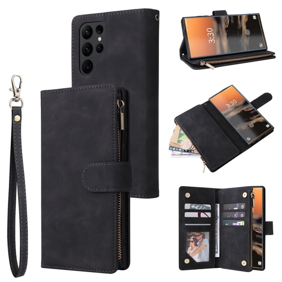 Wallet Case Compatible with Samsung Galaxy S23 Ultra, Premium PU Leather Zipper Flip Wallet with Wrist Strap Magnetic Closure Built-in Kickstand Protective Case for Samsung S23 Ultra,Black