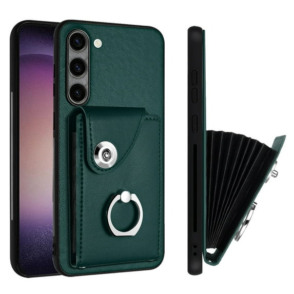 Wallet Case Compatible for Samsung Galaxy S24 with Card Holder, Rotation Finger Ring Kickstand Card Slots Case, Classic PU Leather Shockproof Magnetic Button Cover for Galaxy S24, Green