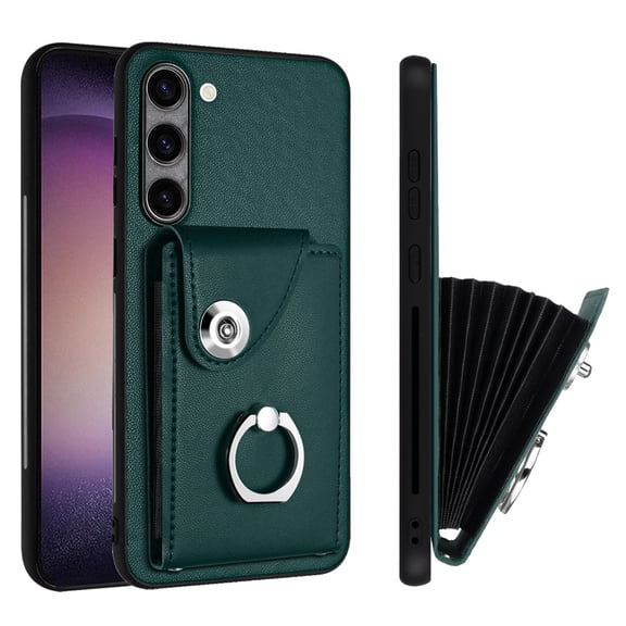 Wallet Case Compatible for Samsung Galaxy S24 with Card Holder, Rotation Finger Ring Kickstand Card Slots Case, Classic PU Leather Shockproof Magnetic Button Cover for Galaxy S24, Green