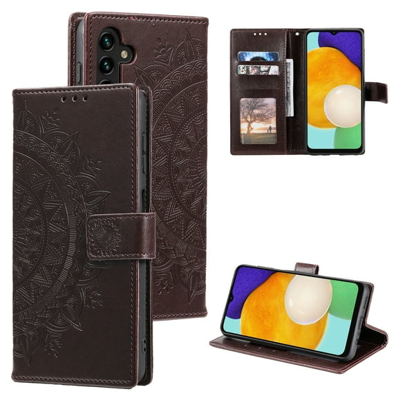 Wallet Case Compatible with Samsung Galaxy S24 PU Leather, Mandala Flower Floral Embossed Stand Feature with Wrist Strap and 3-Slots ID & Credit Cards Pocket Magnetic Clasps - Brown