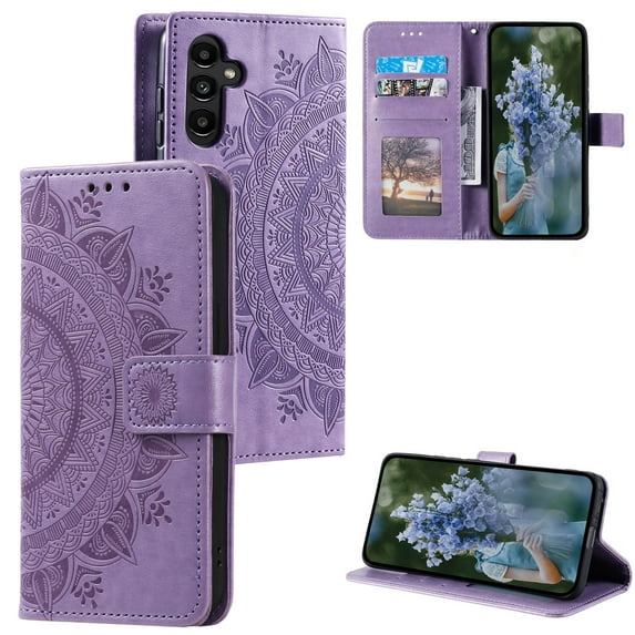 Wallet Case Compatible with Samsung Galaxy S24 PU Leather, Mandala Flower Floral Embossed Stand Feature with Wrist Strap and 3-Slots ID & Credit Cards Pocket Magnetic Clasps - Purple