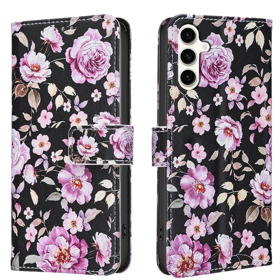 Wallet Case Compatible with Samsung Galaxy S24 Plus with Card Holder, Convertible Stand Flowers Case Magnetic for Women and Girls, Butterfly Floral Protective PU Leather Flip Case, Black2