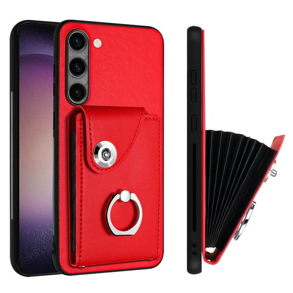 Wallet Case Compatible for Samsung Galaxy S24 Plus with Card Holder, Rotation Finger Ring Kickstand Card Slots Case, Classic PU Leather Shockproof Magnetic Button Cover for Galaxy S24 Plus, Red
