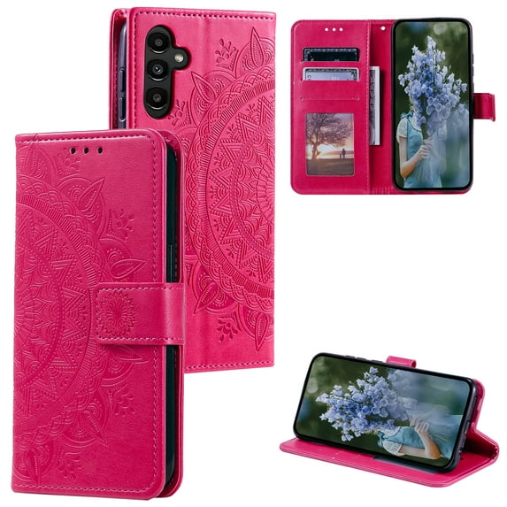 Wallet Case Compatible with Samsung Galaxy S24 Plus PU Leather, Mandala Flower Floral Embossed Stand Feature with Wrist Strap and 3-Slots ID & Credit Cards Pocket Magnetic Clasps - Red