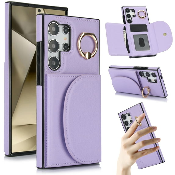 Wallet Case Compatible with Samsung Galaxy S24 Ultra 360° Rotation Finger Ring Holder RFID Blocking Premium Leather Case with Card Slots Folio Flip PU Durable for Men Women, Purple