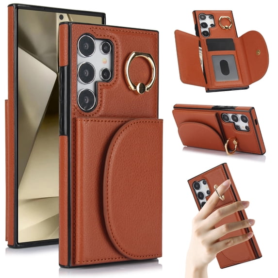 Wallet Case Compatible with Samsung Galaxy S24 Ultra 360° Rotation Finger Ring Holder RFID Blocking Premium Leather Case with Card Slots Folio Flip PU Durable for Men Women, Brown