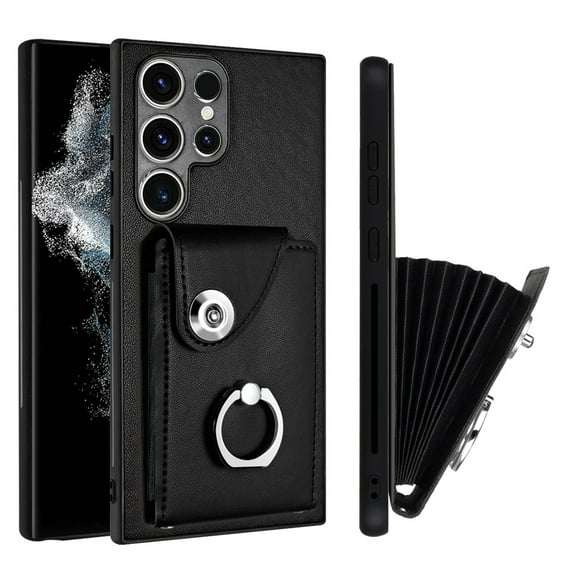 Wallet Case Compatible for Samsung Galaxy S24 Ultra with Card Holder, Rotation Finger Ring Kickstand Card Slots Case, Classic PU Leather Shockproof Magnetic Button Cover for Galaxy S24 Ultra, Black