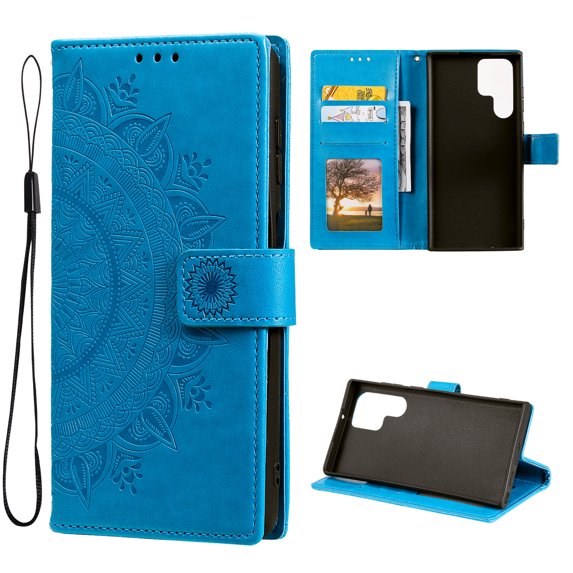 Wallet Case Compatible with Samsung Galaxy S24 Ultra PU Leather, Mandala Flower Floral Embossed Stand Feature with Wrist Strap and 3-Slots ID & Credit Cards Pocket Magnetic Clasps - Blue