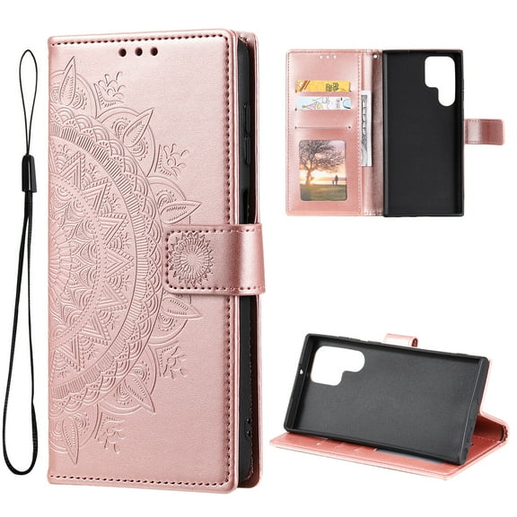 Wallet Case Compatible with Samsung Galaxy S24 Ultra PU Leather, Mandala Flower Floral Embossed Stand Feature with Wrist Strap and 3-Slots ID & Credit Cards Pocket Magnetic Clasps - Rosegold