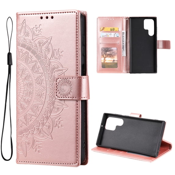 Wallet Case Compatible with Samsung Galaxy S24 Ultra PU Leather, Mandala Flower Floral Embossed Stand Feature with Wrist Strap and 3-Slots ID & Credit Cards Pocket Magnetic Clasps - Rosegold
