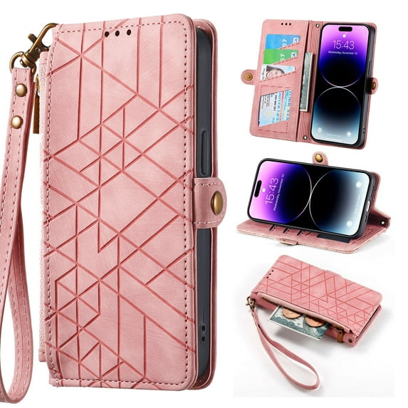 Wallet Case Compatible with Samsung Galaxy S25, Detachable Wrist Strap PU Leather Card Slots Zipper Pocket Classic Kickstand Embossed Flip Case Cover for Samsung Galaxy S25, Pink