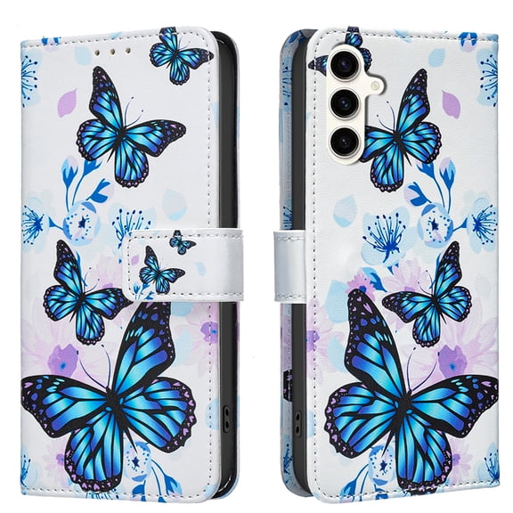 Wallet Case Compatible with Samsung Galaxy S25 FE with Card Holder, Convertible Stand Flowers Case Magnetic for Women and Girls, Butterfly Floral Protective PU Leather Flip Case, Blue Butterflies