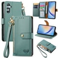 thumbnail image 1 of Wallet Case Compatible with Samsung Galaxy S25, Heart Pattern Detachable Wrist Strap PU Leather Card Slots Zipper Pocket RFID Blocking Kickstand Phone Case for Samsung Galaxy S25, Green, 1 of 10