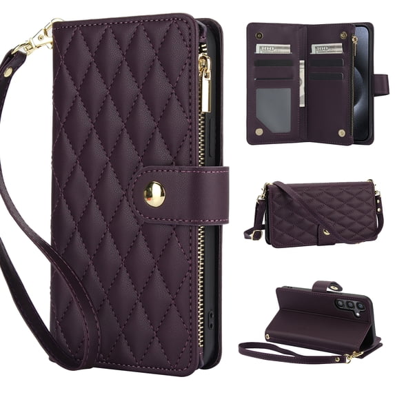 Wallet Case Compatible with Samsung Galaxy S25 Plus, Premium PU Leather Zipper Flip Folio Wallet RFID Blocking with Wrist Strap & Crossbody Strap Magnetic Closure Kickstand Protective Case, Darkpurple