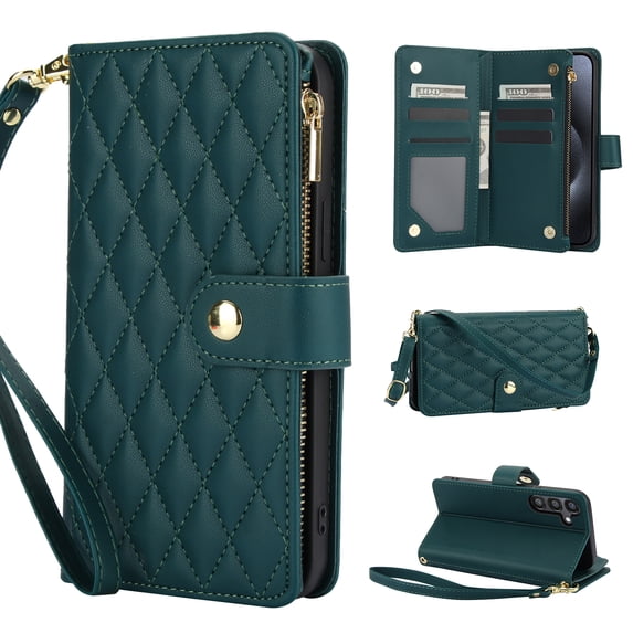 Wallet Case Compatible with Samsung Galaxy S25 Plus, Premium PU Leather Zipper Flip Folio Wallet RFID Blocking with Wrist Strap & Crossbody Strap Magnetic Closure Kickstand Protective Case, Green