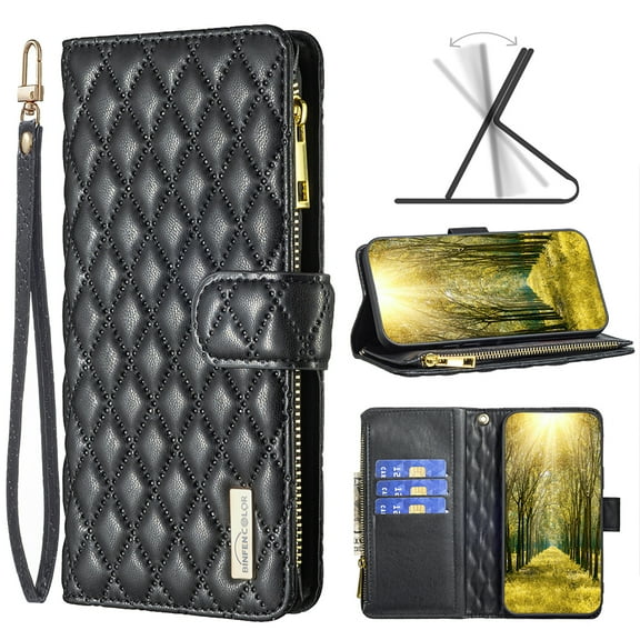 Wallet Case Compatible with Samsung Galaxy S25 Plus, Premium PU Leather Zipper Flip Folio Wallet with Wrist Strap Kickstand Card Slots Shockproof Protective Case Cover for Galaxy S25 Plus - Black