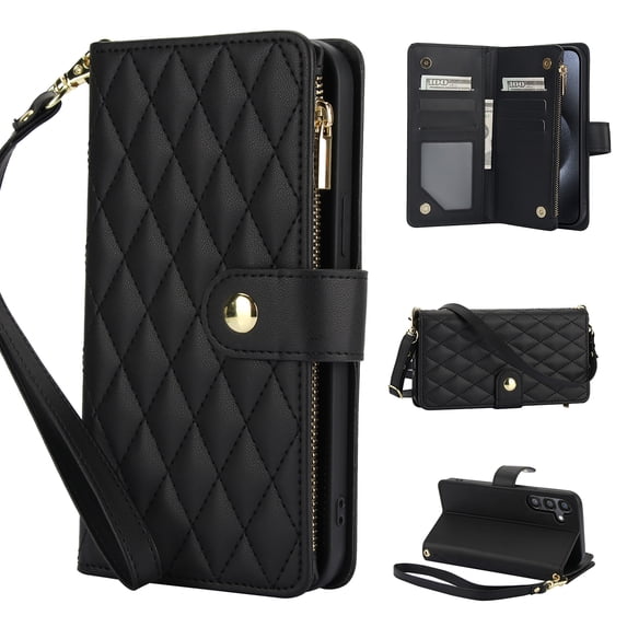 Wallet Case Compatible with Samsung Galaxy S25, Premium PU Leather Zipper Flip Folio Wallet RFID Blocking with Wrist Strap & Crossbody Strap Magnetic Closure Kickstand Protective Case, Black