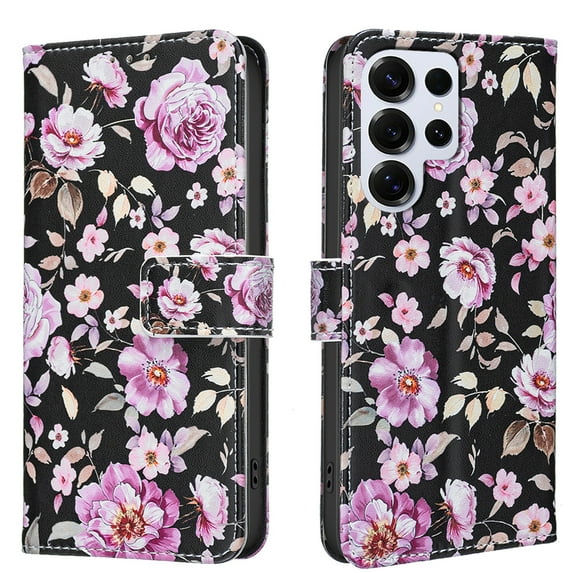 Wallet Case Compatible with Samsung Galaxy S25 Ultra with Card Holder, Convertible Stand Flowers Case Magnetic for Women and Girls, Butterfly Floral Protective PU Leather Flip Case, Black2