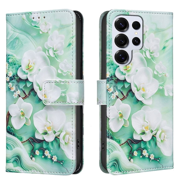 Wallet Case Compatible with Samsung Galaxy S25 Ultra with Card Holder, Convertible Stand Flowers Case Magnetic for Women and Girls, Butterfly Floral Protective PU Leather Flip Case, Green
