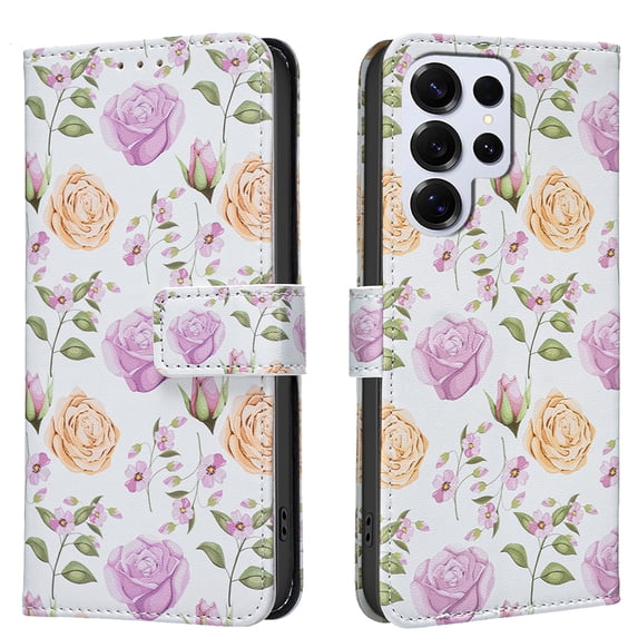 Wallet Case Compatible with Samsung Galaxy S25 Ultra with Card Holder, Convertible Stand Flowers Case Magnetic for Women and Girls, Butterfly Floral Protective PU Leather Flip Case, Yellow Rose