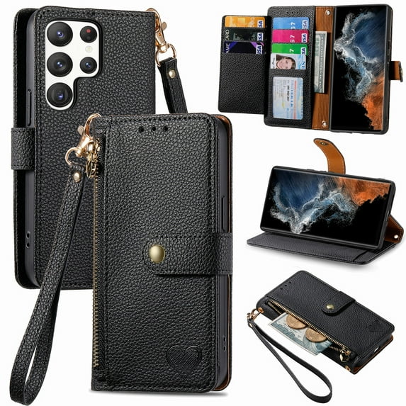 Wallet Case Compatible with Samsung Galaxy S25 Ultra, Heart Pattern Detachable Wrist Strap PU Leather Card Slots Zipper Pocket RFID Blocking Kickstand Phone Case for Samsung Galaxy S25 Ultra, Black