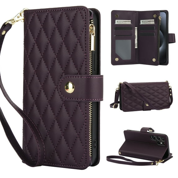 Wallet Case Compatible with Samsung Galaxy S25 Ultra, Premium PU Leather Zipper Flip Folio Wallet RFID Blocking with Wrist Strap & Crossbody Strap Magnetic Closure Kickstand Protective Case,Darkpurple