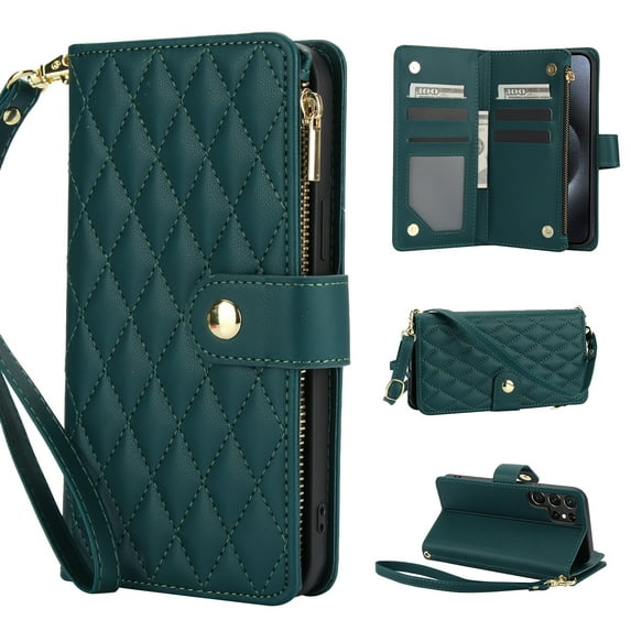 Wallet Case Compatible with Samsung Galaxy S25 Ultra, Premium PU Leather Zipper Flip Folio Wallet RFID Blocking with Wrist Strap & Crossbody Strap Magnetic Closure Kickstand Protective Case, Green