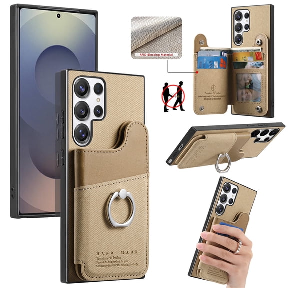 Wallet Case Compatible for Samsung Galaxy S25 Ultra, Slim Protective Case with Card Holder & Ring Holder Stand, Premium PU Leather Back RFID Blocking Cover for Samsung Galaxy S25 Ultra, Khaki